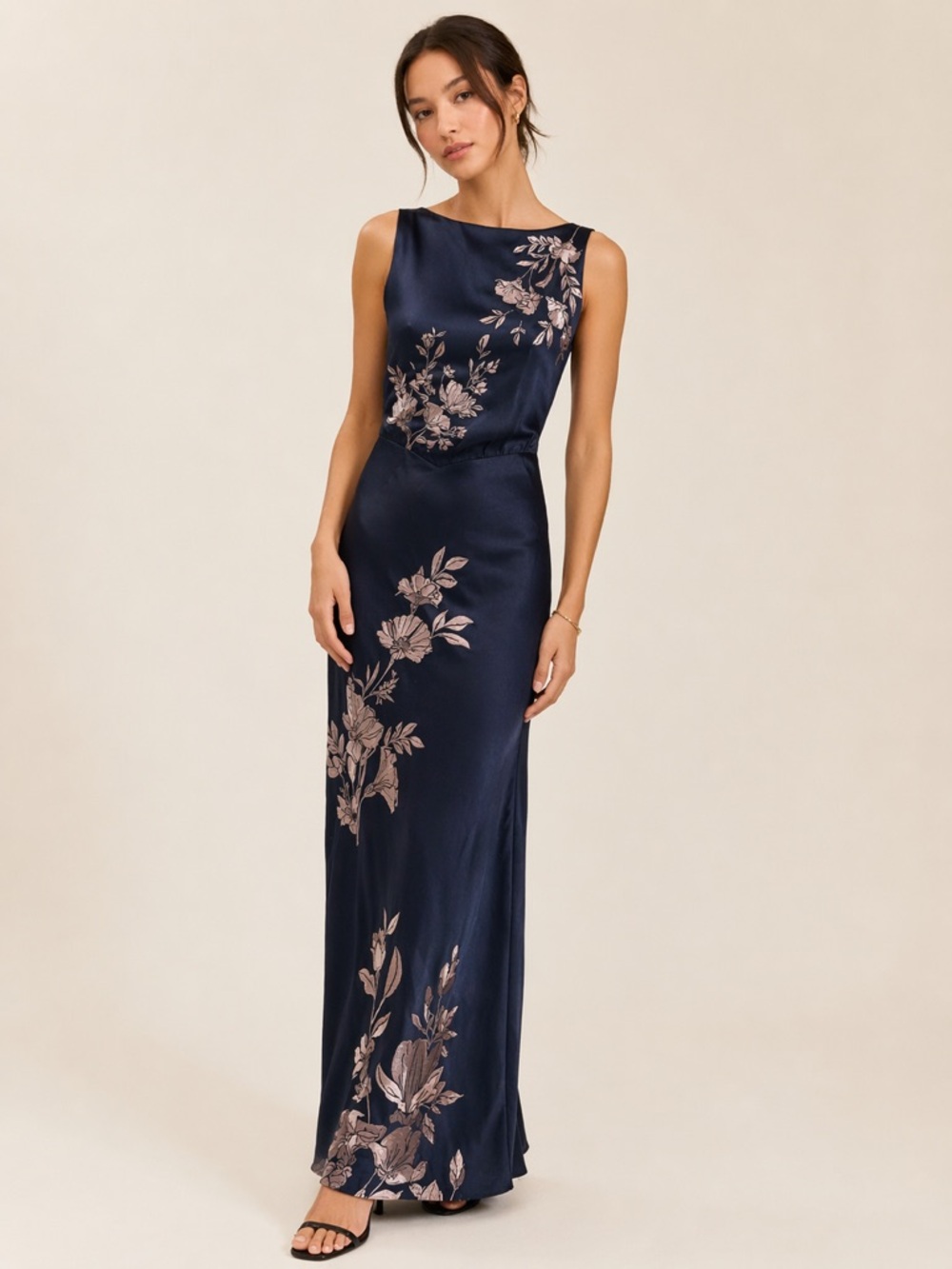 ASOS Navy Blue Satin Floral Embroidered Maxi Dress Cowl Back Elegant Evening